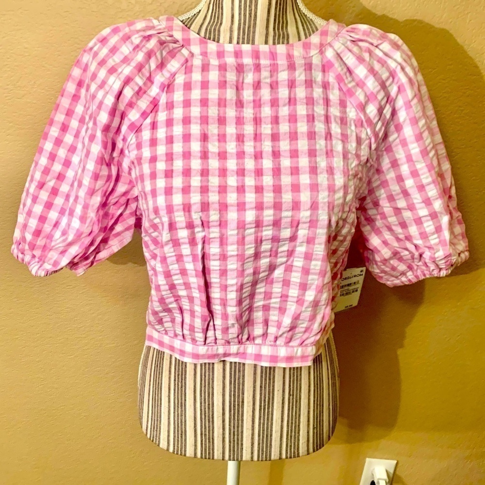 NWT Crop Top Large BP 100% Cotton Pink White Gingham Puff Sleeves Open Back